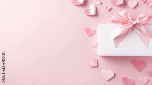  small pink hearts on a pastel pink background with various gift items in a Valentine-themed, horizontal format of photorealistic illustration in JPG. Generative ai © Purple Penguin GFX