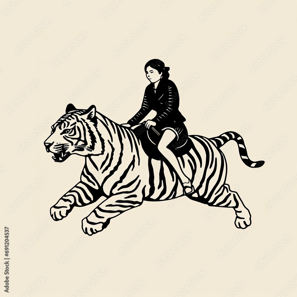 Fototapeta premium a girl/woman riding a tiger in a simple linocut/graphic print, JPG illustration. Generative ai