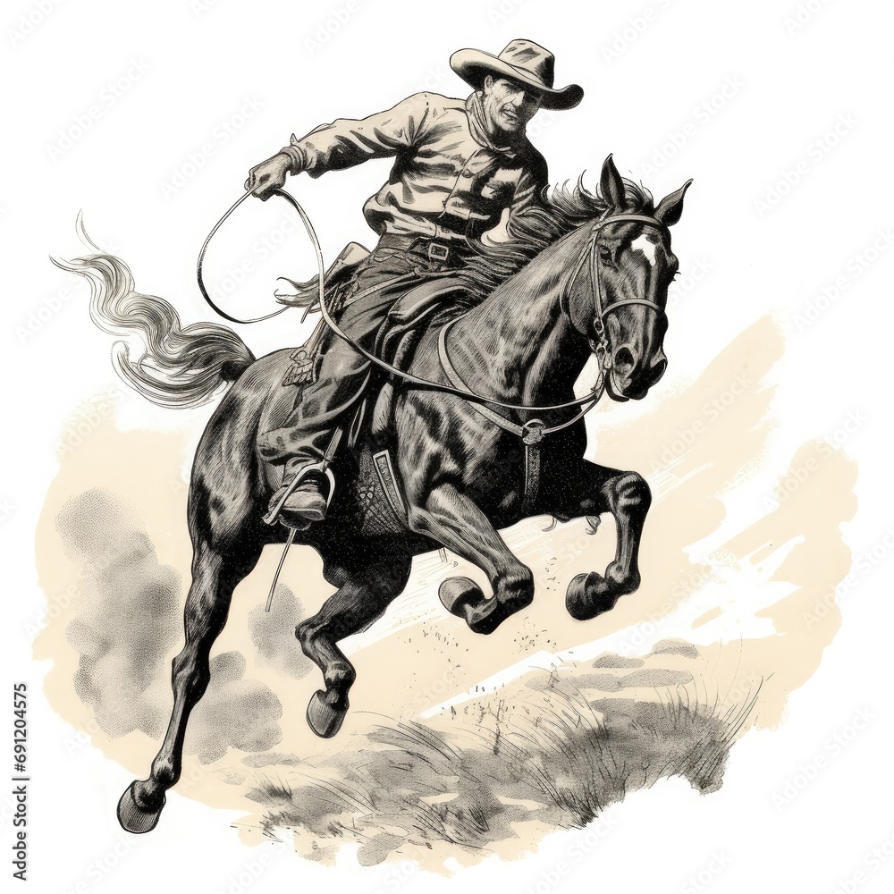 a horizontal layout, of a Cowboy, on a galloping horse in an old west-style composition in a Western-themed JPG format, cartoon Illustration. Generative ai a horizontal layout, of a Cowboy, on a galloping horse in an old west-style composition in a Western-themed JPG format, cartoon Illustration. Generative ai