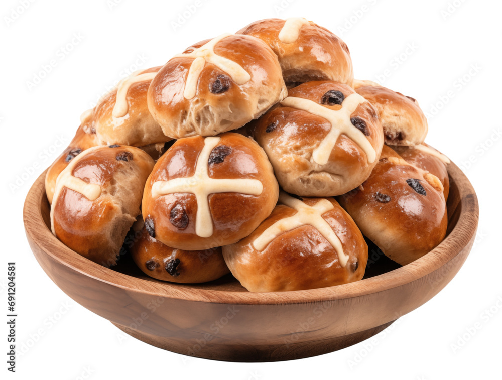 Fototapeta premium Hot cross bun in the wooden plate isolated.