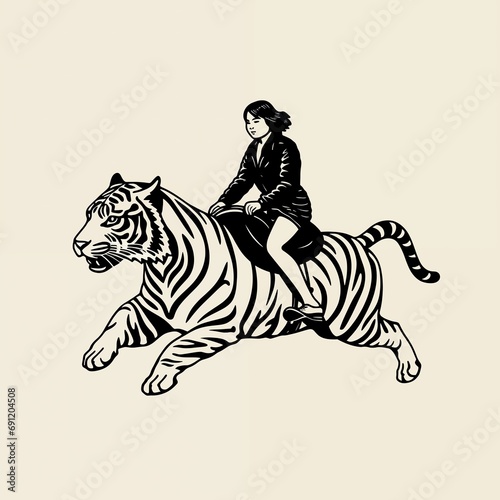 a girl woman riding a tiger in a simple linocut graphic print  JPG illustration. Generative ai