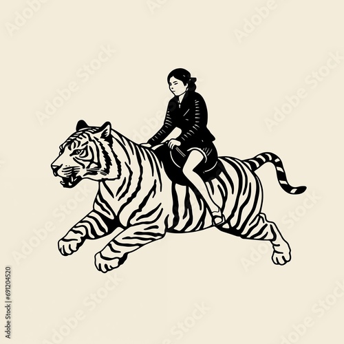 a girl woman riding a tiger in a simple linocut graphic print  JPG illustration. Generative ai