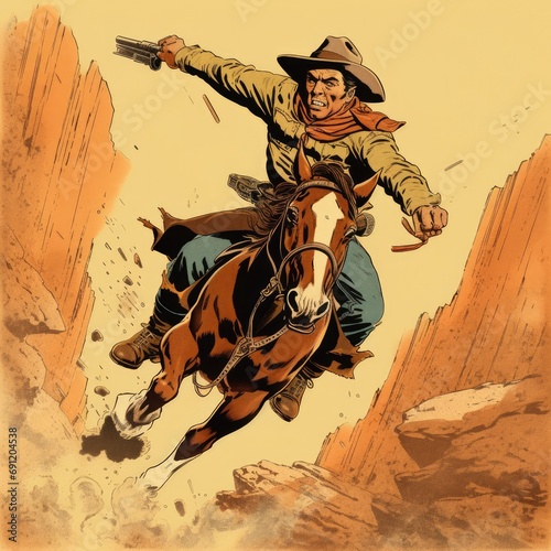 a horizontal layout  of a Cowboy  on a galloping horse in an old west-style composition in a Western-themed JPG format  cartoon Illustration. Generative ai