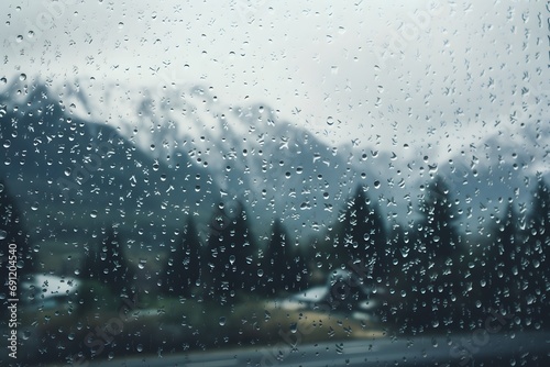 view of snowy mountains from the window with rainwater droplets