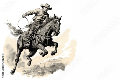 a horizontal layout, of a Cowboy, on a galloping horse in an old west-style composition in a Western-themed JPG format, cartoon Illustration. Generative ai © Purple Penguin GFX