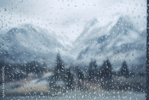 view of snowy mountains from the window with rainwater droplets