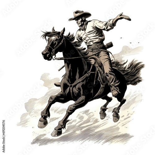 a horizontal layout, of a Cowboy, on a galloping horse in an old west-style composition in a Western-themed JPG format, cartoon Illustration. Generative ai © Purple Penguin GFX