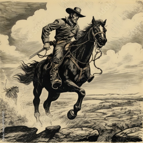 a horizontal layout  of a Cowboy  on a galloping horse in an old west-style composition in a Western-themed JPG format  cartoon Illustration. Generative ai