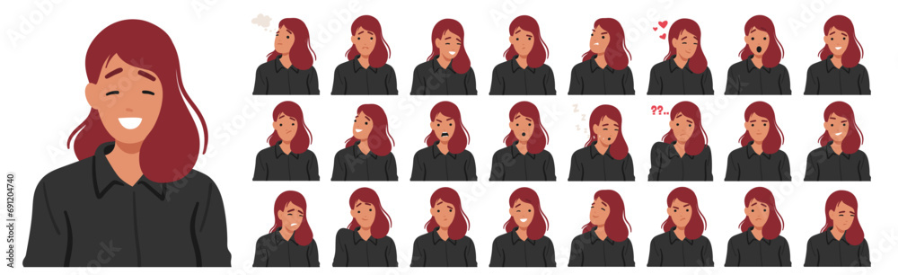 Woman Facial Emotions Set. Joy Radiates Through Her Smile, Eyes Light Up With Curiosity, Brows Furrow In Concentration Woman Facial Emotions Set. Joy Radiates Through Her Smile, Eyes Light Up With Curiosity, Brows Furrow In Concentration