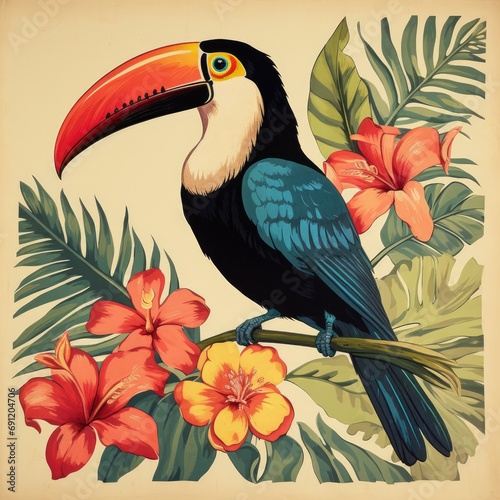 a Vintage Toucan with flowers, a T-shirt design in a square format in a retro-themed, photorealistic illustration in JPG. Generative ai