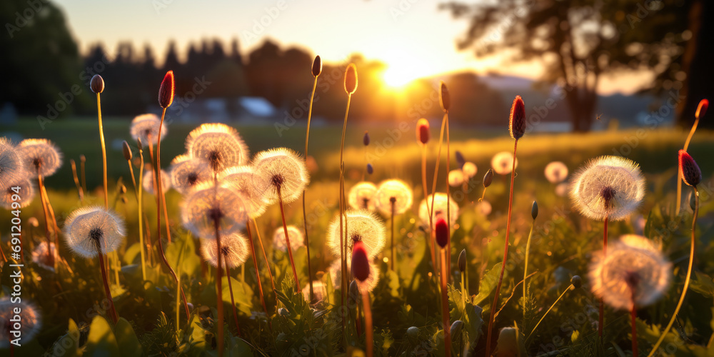 Ethereal summer sunset landscape with delicate dandelion seeds in full bloom, backlit by the warm glow of the setting sun, amidst lush greenery in a tranquil field