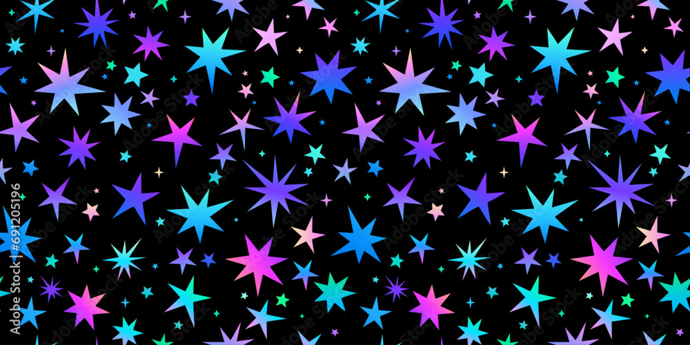 Seamless pattern of shiny bright stars on a black background