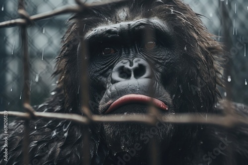 Gorilla locked in cage. Lonely monkey in cramped cage behind bars with sad look. Ideal for use in articles about animal rights, wildlife conservation, animal welfare and the conditions of zoos. photo