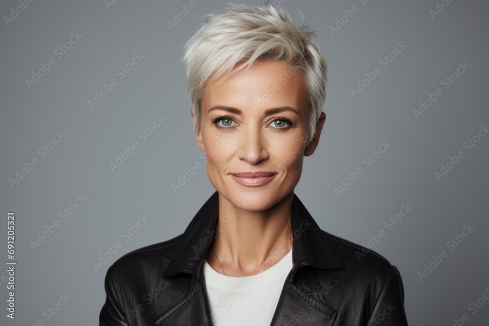 Portrait of beautiful young woman with short blond hair wearing black leather jacket. Portrait of beautiful young woman with short blond hair wearing black leather jacket.