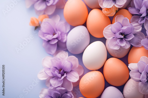 Easter composition with a pleasing contrast of orange eggs and lilac flowers against a soft blue background  blending warmth with cool spring tones.