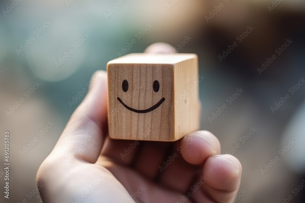 Smiling wood happy face Smiley Laugher, friendly happy square cube wooden smile satisfied client review experience, customer success, client service good positive feedback, lucky affirmation - obrazy, fototapety, plakaty 