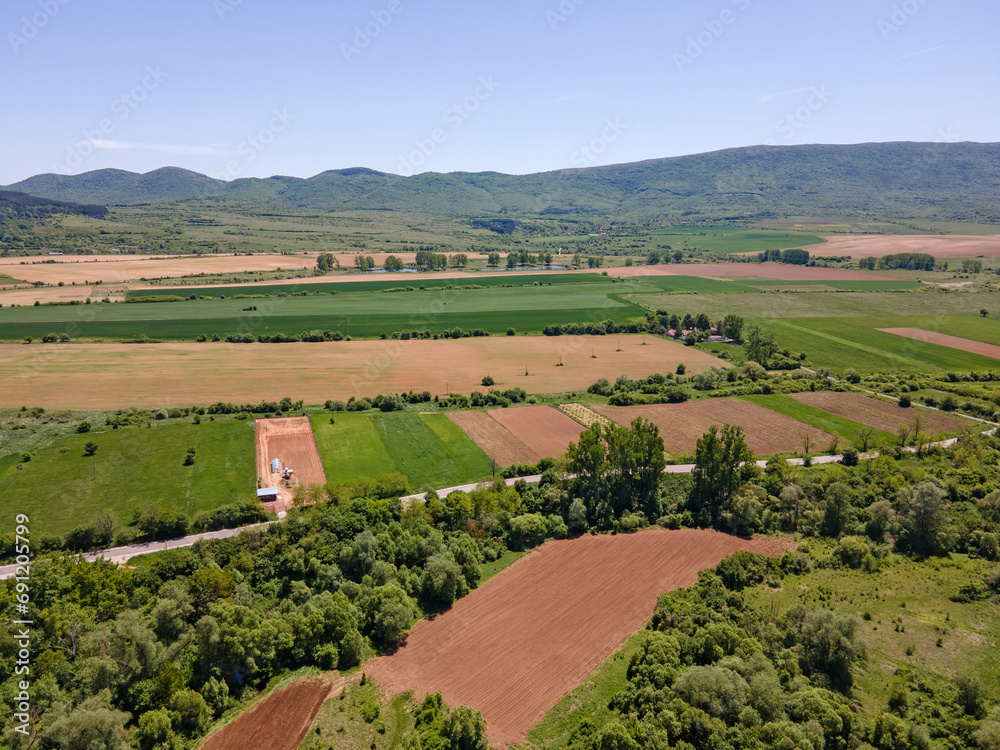 Aerial view of rural land near town of Godech, Bulgaria