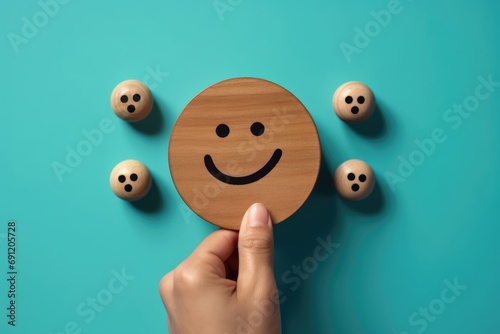 Smiling wood wooden happy circle face Smiley Laugher, friendly happy round smile satisfied client review experience, customer success, good service positive feedback, psychological therapy therapist