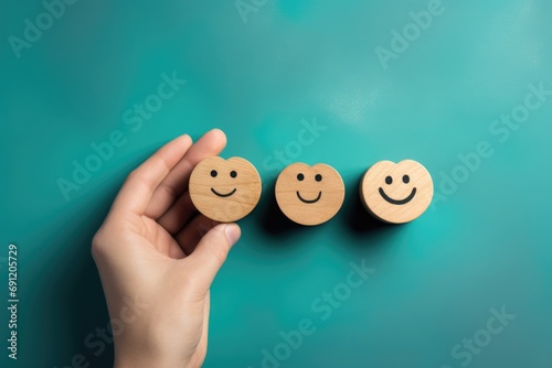 Smiling wooden happy face Smiley Laugher, friendly happy heart smile satisfied client review experience, customer success, client service good positive feedback, lucky consumer love, favorite brand