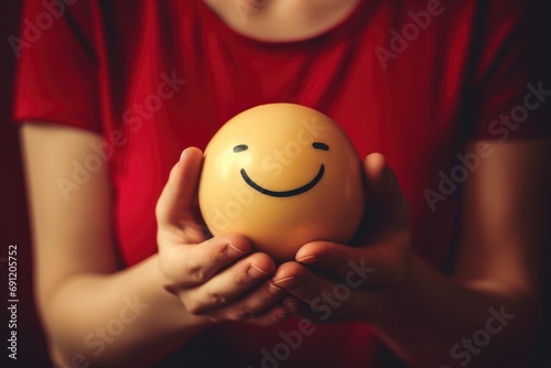 Smiling yellow gold happy circle face Smiley Laugher, friendly happy round smile satisfied client review experience, customer success, good service positive feedback, lucky smooch ball in hands