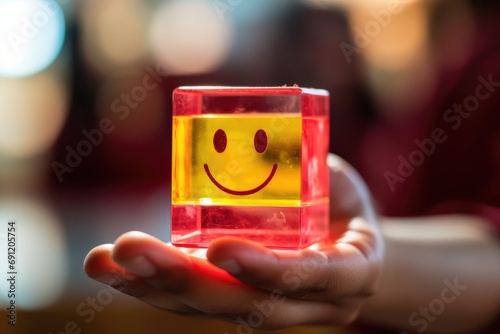 Smiling pink glass dice happy face Smiley Laugher, friendly happy square cube wood smile satisfied client review experience, customer success, client service good positive feedback, lucky affirmation