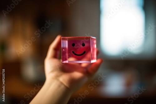 Smiling pink glass dice happy face Smiley Laugher, friendly happy square cube wood smile satisfied client review experience, customer success, client service good positive feedback, lucky affirmation