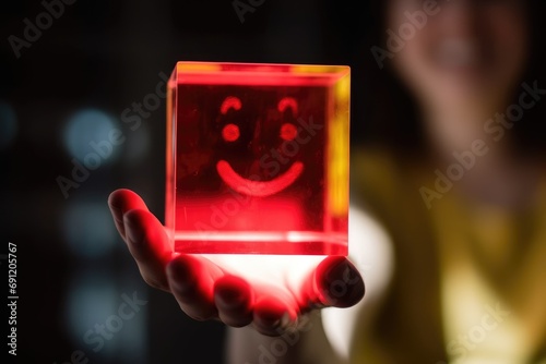 Smiling pink glass dice happy face Smiley Laugher, friendly happy square cube wood smile satisfied client review experience, customer success, client service good positive feedback, lucky affirmation