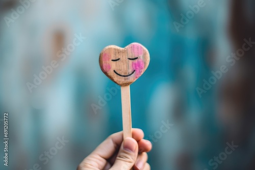 Smiling wooden happy face Smiley Laugher, friendly happy heart smile satisfied client review experience, customer success, client service good positive feedback, lucky consumer love, favorite brand