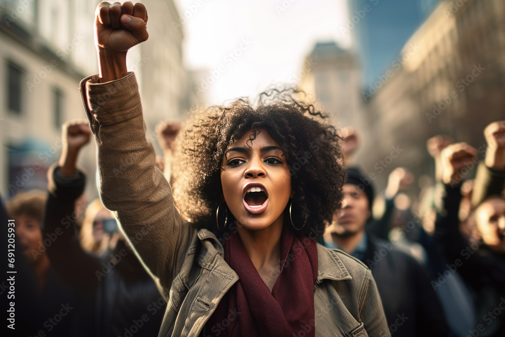 joven afroamericana con el puño en alto encabezando una manifestación en la calle, sobre fondo de manifestantes y edificios desenfocados - obrazy, fototapety, plakaty 