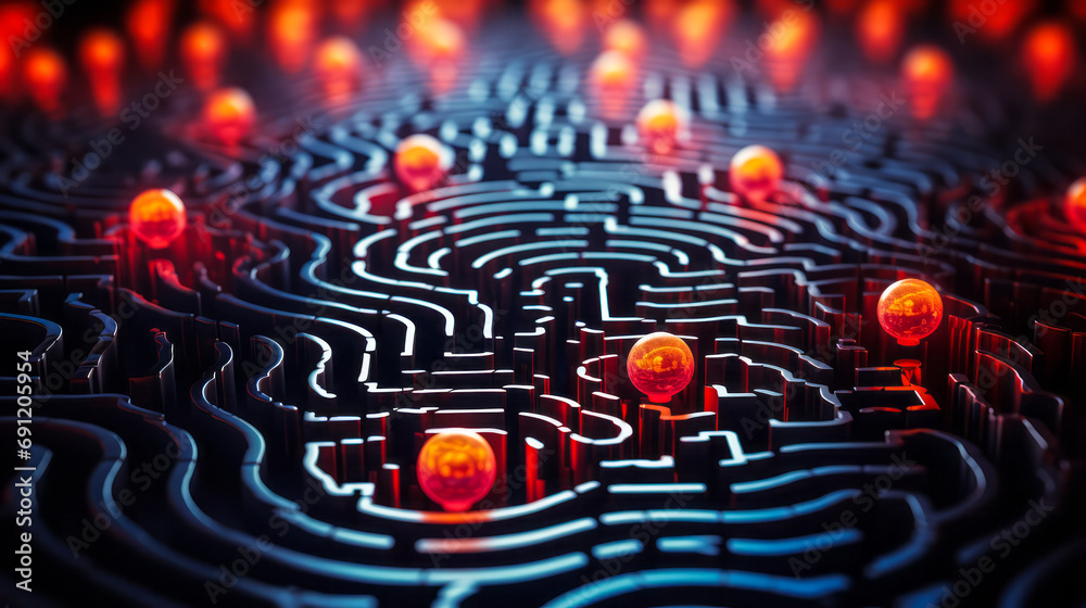 ภาพประกอบสต็อก Complex 3D Labyrinth with Glowing Pathways and Spherical ...