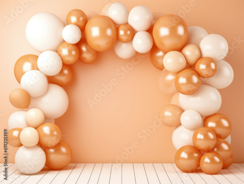 A balloon arch made of white and orange balloons, peach fuzz, trendy color of the year 2024.