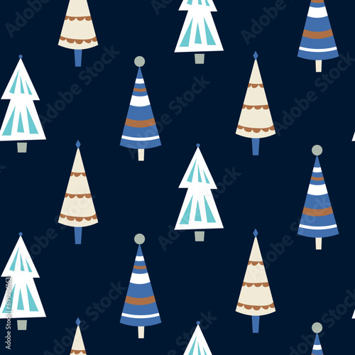 Winter snowy woods seamless pattern. Silhouettes of cute trees on dark blue background. Christmas vector wallpaper, wrap paper or fabric.