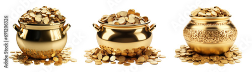 Set of golden coins in gold pot on transparent background. Generative AI