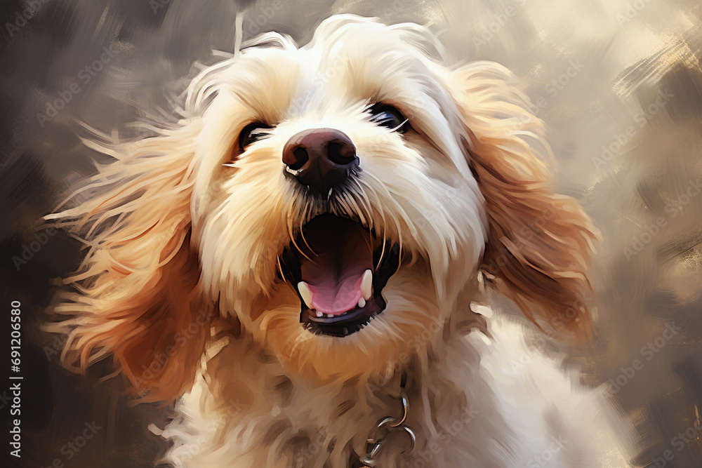 Naklejka premium dog is talking and showing his mouth open, happy