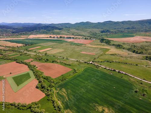 Aerial view of rural land near town of Godech, Bulgaria