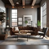 An industrial-chic loft living room with exposed pipes and salvaged wood coffee tables3