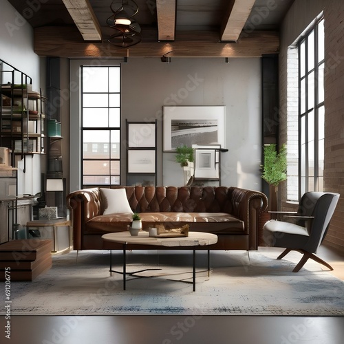 An industrial-chic loft living room with exposed pipes and salvaged wood coffee tables3