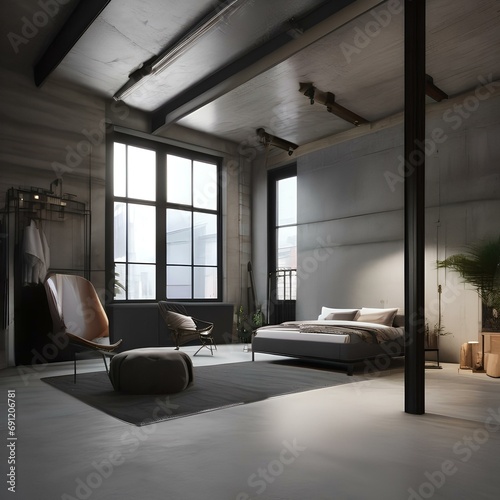 An industrial-chic loft bedroom with concrete floors and metal-framed beds1