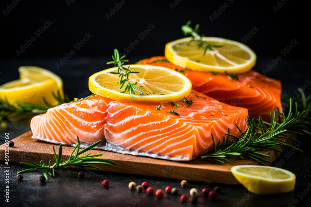 Succulent salmon steaks topped with lemon slices and garnished with rosemary, on a wooden cutting board with peppercorns. Succulent salmon steaks topped with lemon slices and garnished with rosemary, on a wooden cutting board with peppercorns.