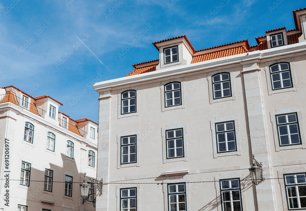 Traditional apartment building in Lisbon Portugal - exterior. Portuguese style vintage house with multiple condos.