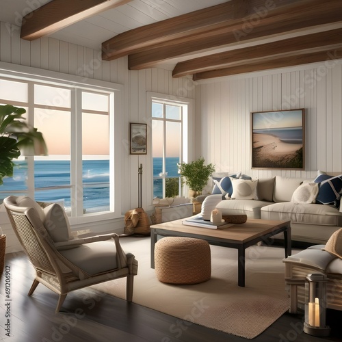 A cozy coastal cottage living room with nautical decor and a view of the ocean2