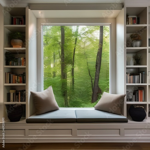 A cozy reading nook with built-in bookshelves and a window seat overlooking nature1 photo