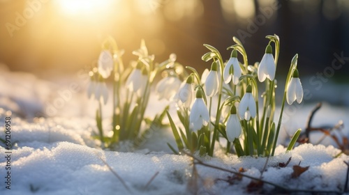 A bunch of snowdrops are in the snow