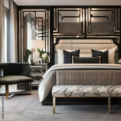 A luxurious Art Deco-inspired bedroom with mirrored furniture and geometric patterns2 photo