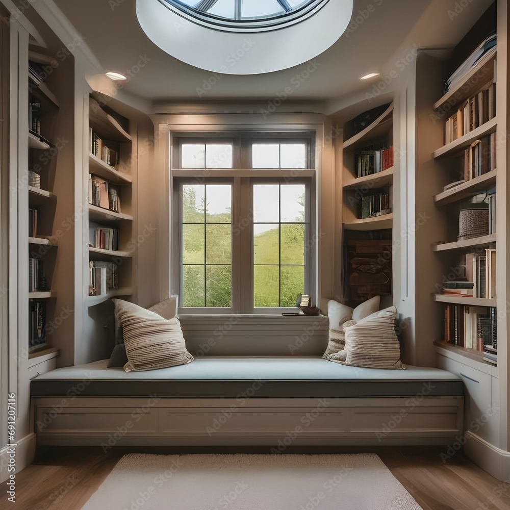 Fototapeta premium A cozy reading nook with built-in bookshelves and a window seat overlooking nature2