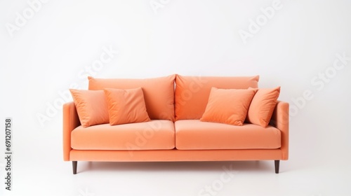 An orange couch with orange pillows against a white wall, peach fuzz, trendy color of the year 2024.