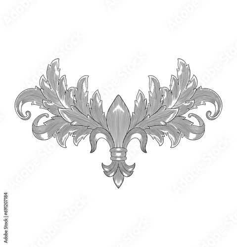 Fleur de lis with wings and ornament floral scroll, Vintage engraving style drawing illustration
