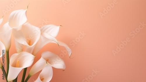 A bunch of white flowers sitting on top of a table, peach fuzz, trendy color of the year 2024.