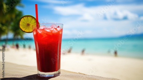 Red cocktail with lime on tropical beach, sunny afternoon