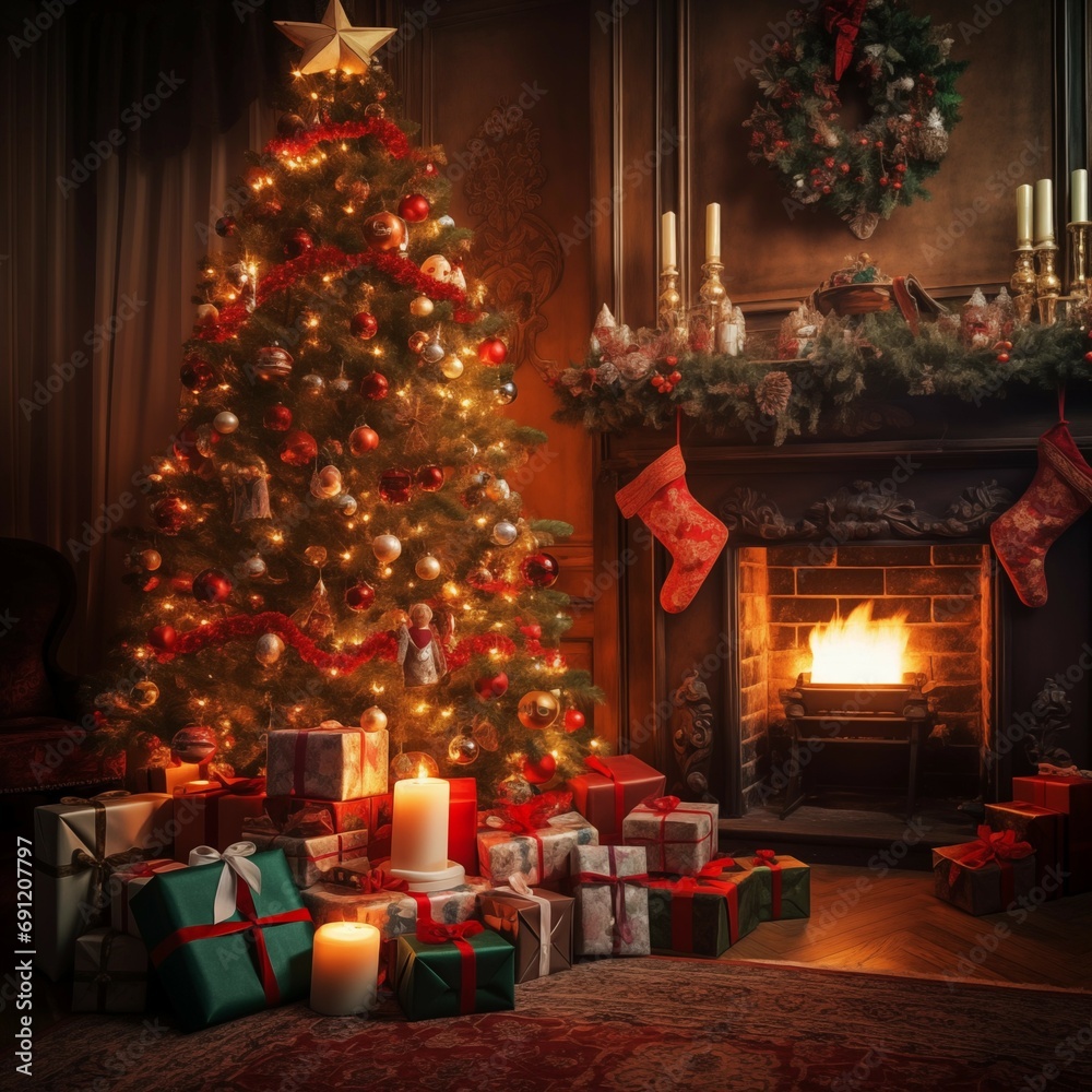 Xmas mood: christmas tree in front of the fireplace with presents underneath